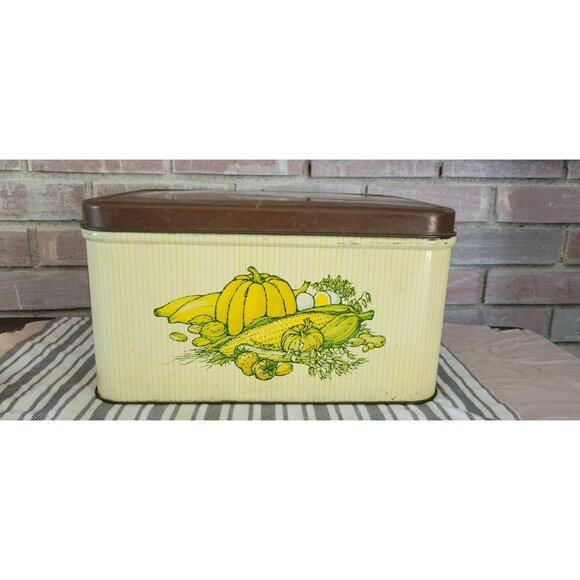 Vintage 1970s Metal Bread Box With Hinged Lid Fall Harvest Pumpkin Corn Graphics - Picture 1 of 10